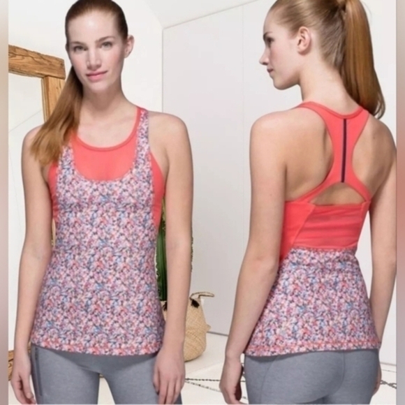 Lululemon Mesh With Me Tank Top Pink Floral Print Size 4 Yoga Gym Racerback - Picture 1 of 8